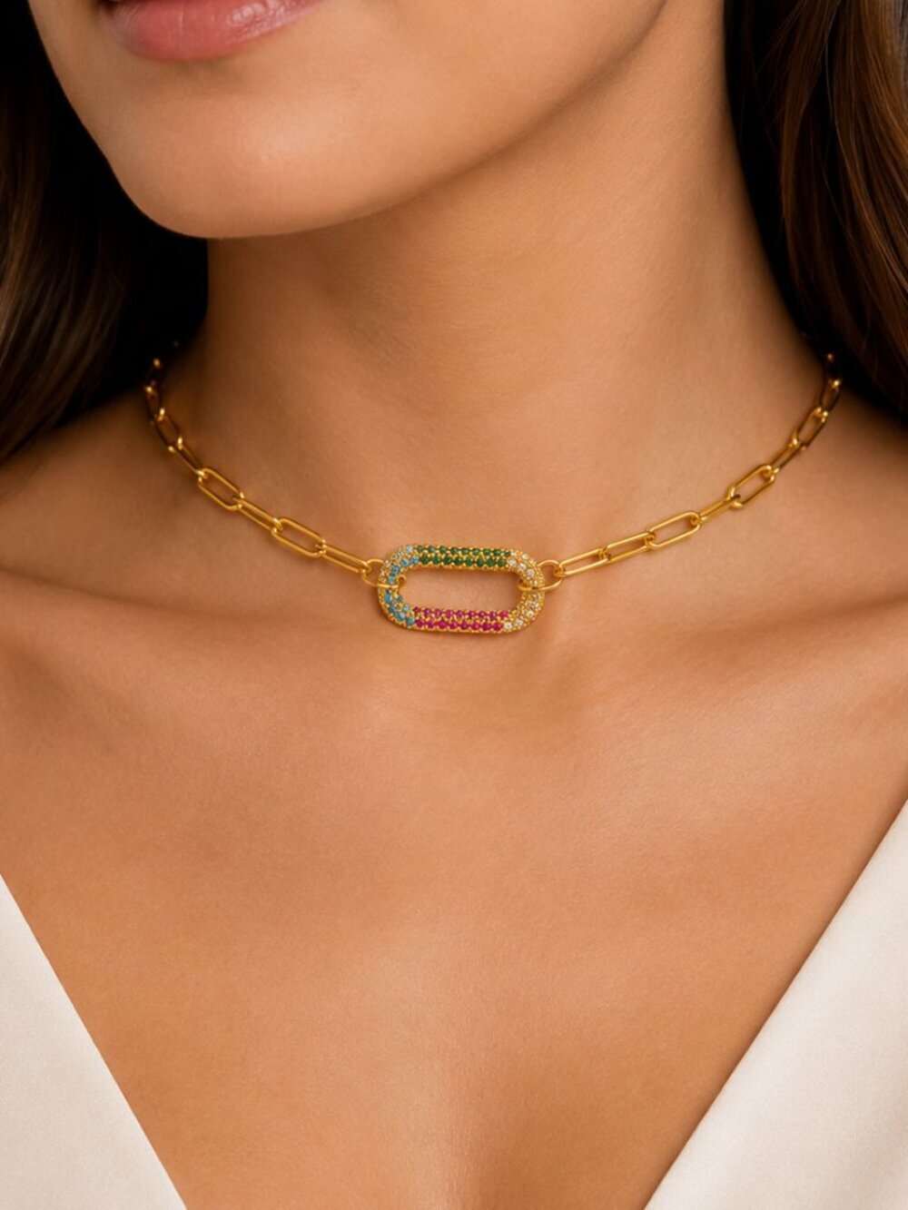 Handmade Gold Paperclip Choker Necklace Pave Connector